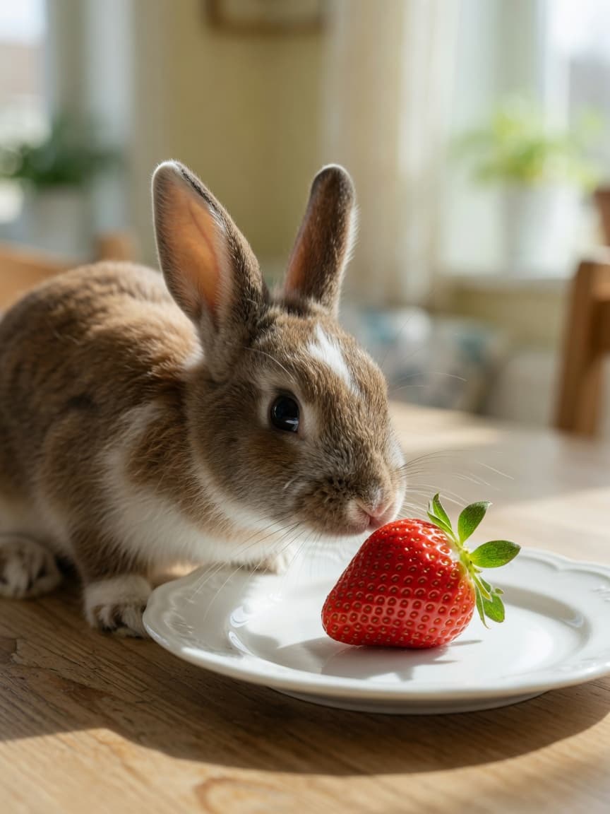 Brown and white rabbit sniffing a fresh strawberry with green leaves on a white ceramic plate