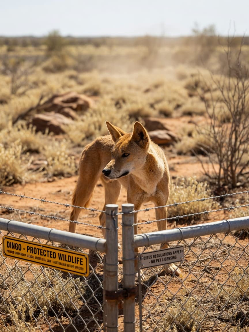 Alert wild dingo with tan coat and pointed ears behind a wildlife containment fence, emphasizing legal restrictions on US ownership