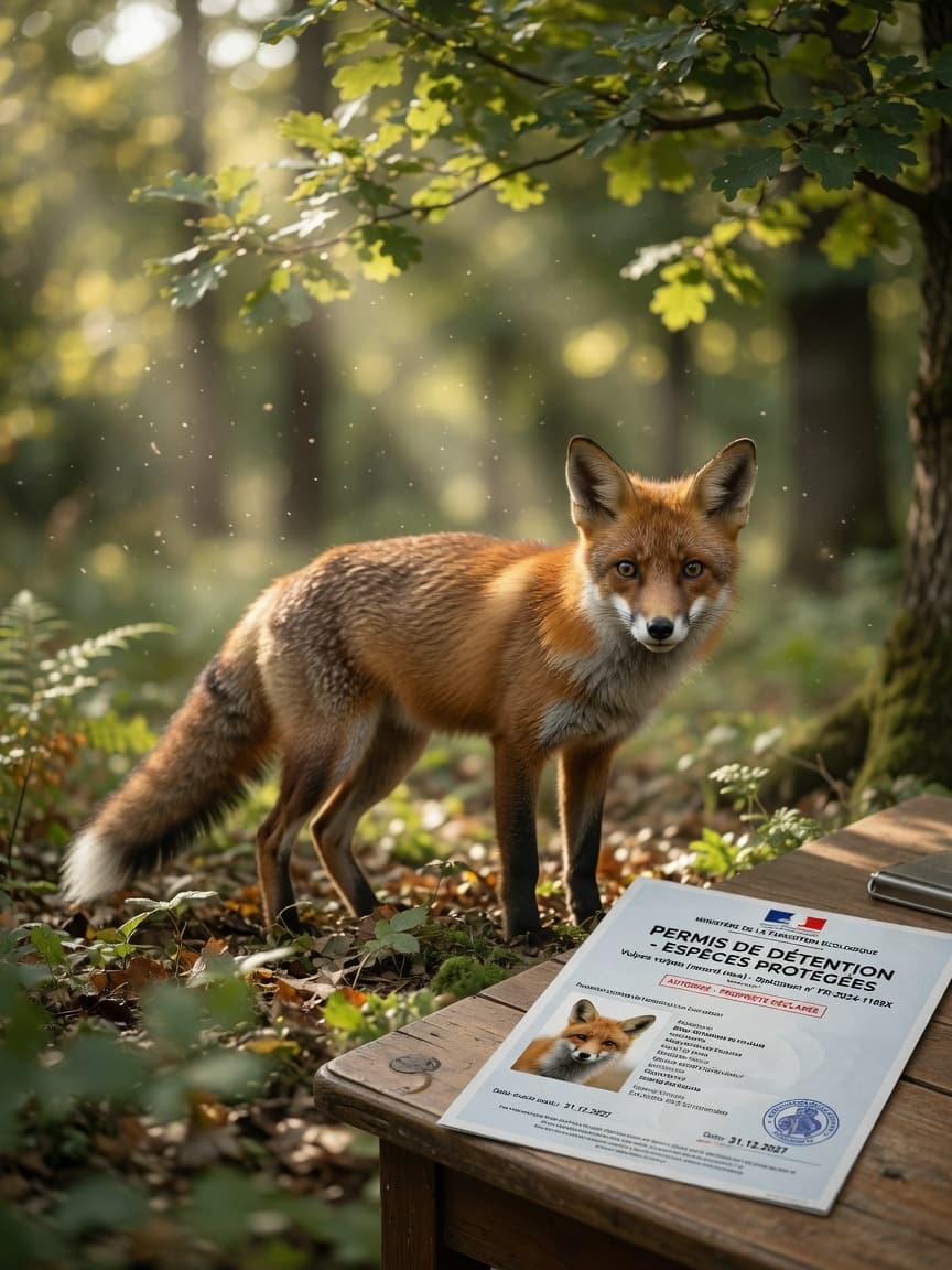 Alert red fox with orange coat and dark ear backs in natural woodland setting, representing the wild nature of foxes and legal ownership considerations