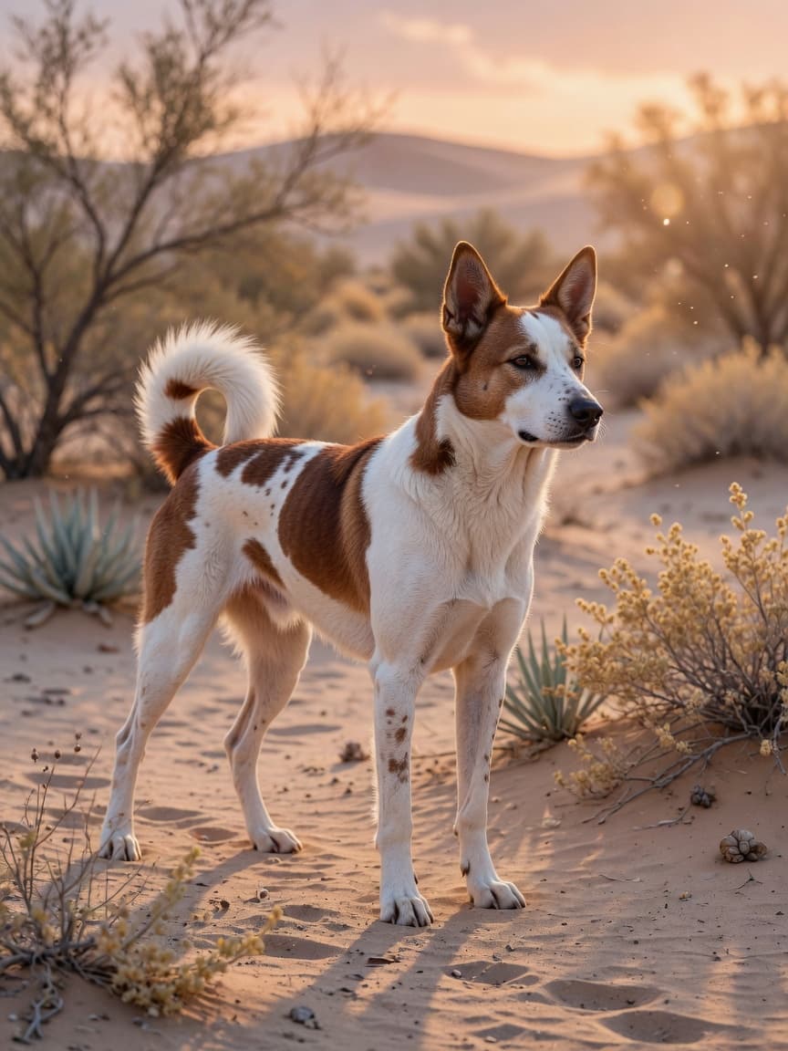 A Canaan Dog with white and red-brown patches standing alert in desert landscape during golden hour