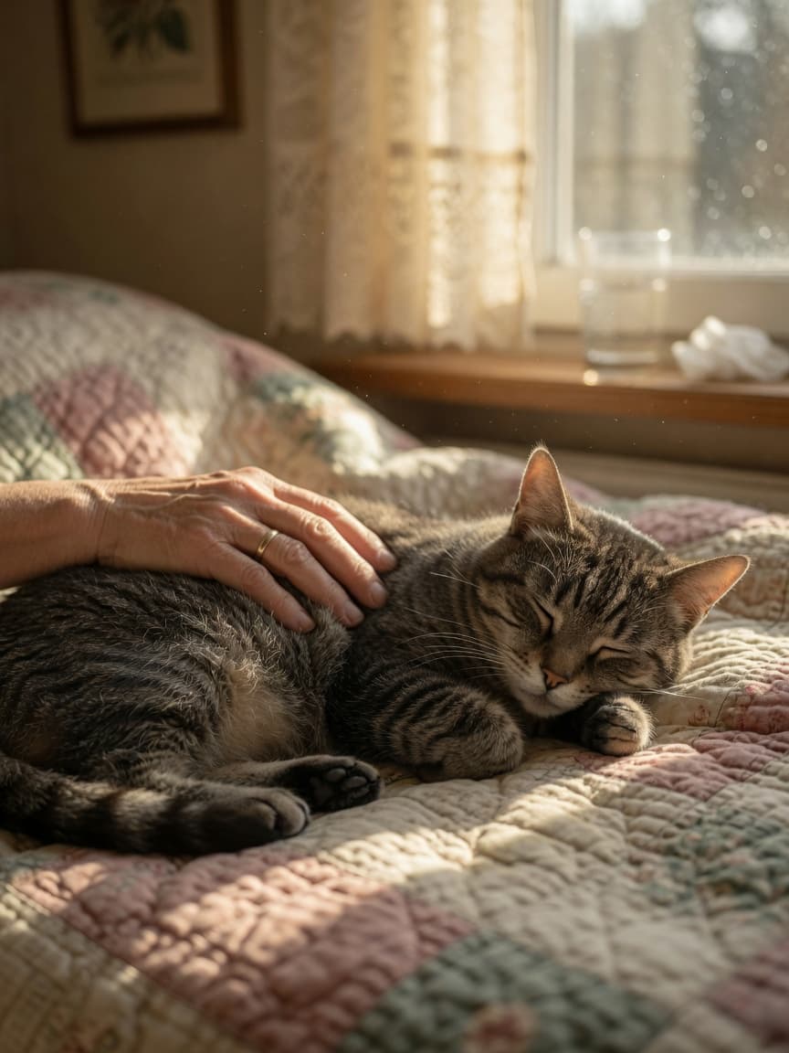 Senior tabby cat resting peacefully on a soft blanket with owner's hand gently placed on its back, warm window light creating a tender, comforting scene