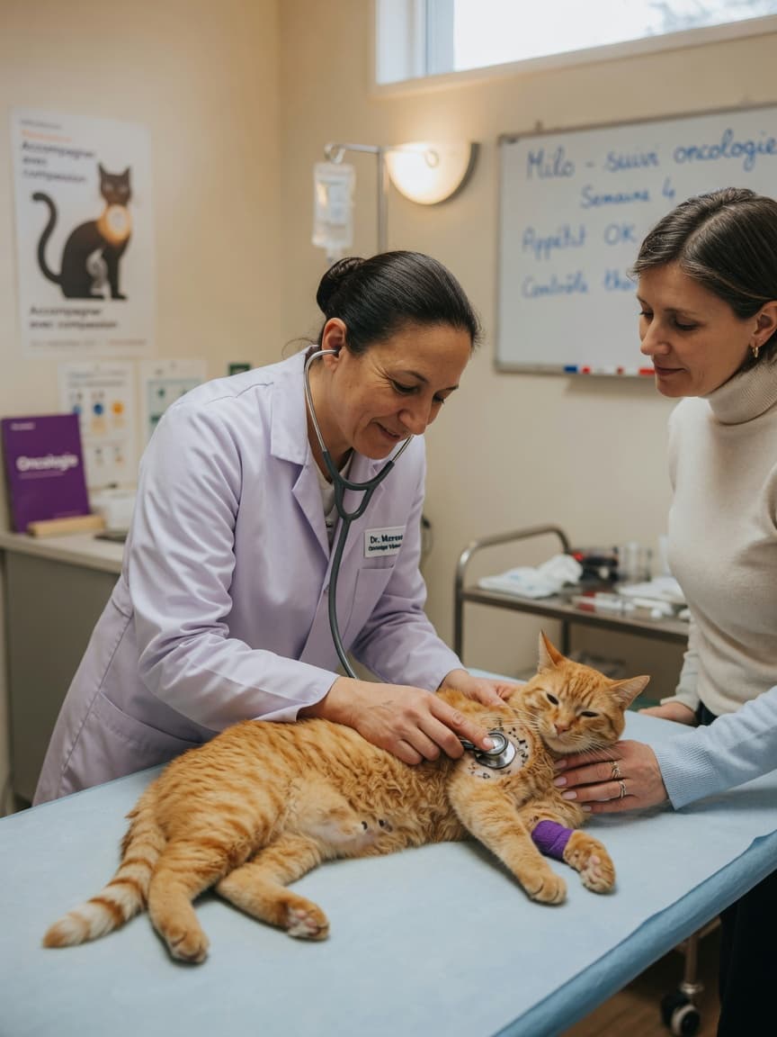 Veterinary oncologist examining an orange tabby cat while the owner observes supportively during a cancer treatment consultation