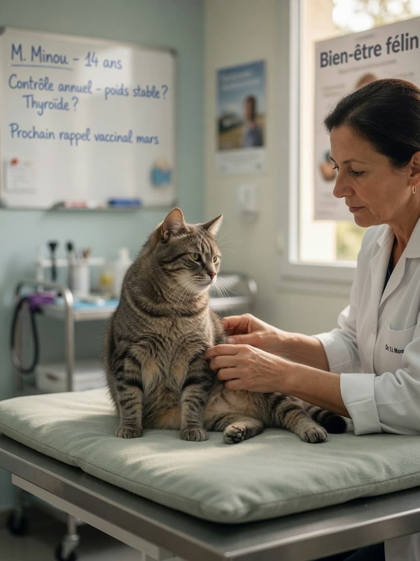Senior tabby cat receiving a careful physical examination from a compassionate veterinarian in a clinic with warm natural lighting