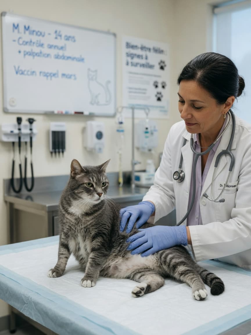 Senior tabby cat undergoing abdominal examination by veterinarian during cancer screening