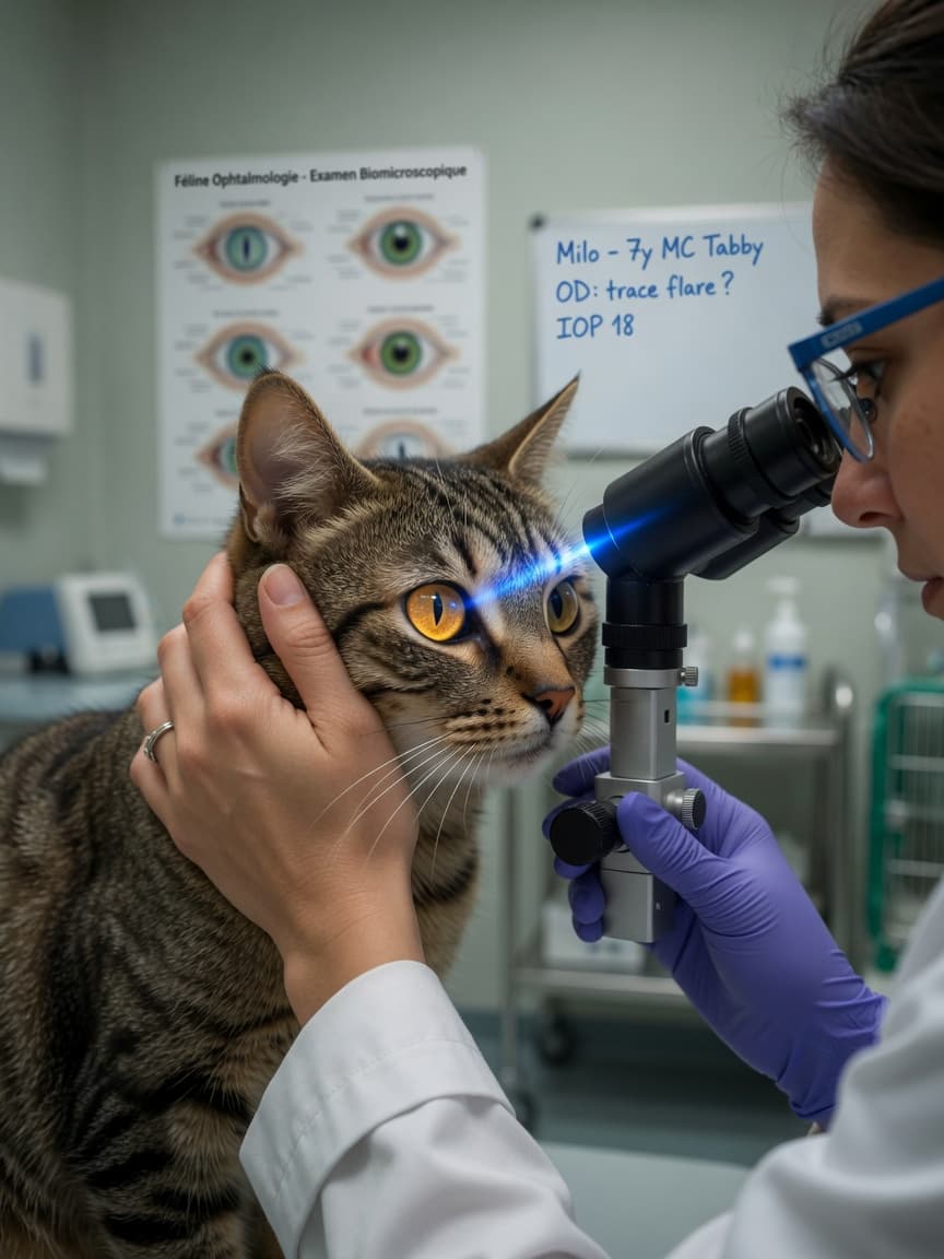 Veterinary ophthalmologist examining a tabby cat's eye with specialized slit-lamp equipment during clinical diagnosis