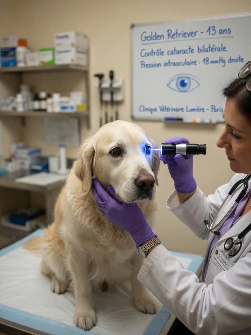 Veterinary ophthalmologist examining a golden retriever's eye with a slit lamp during a clinical examination