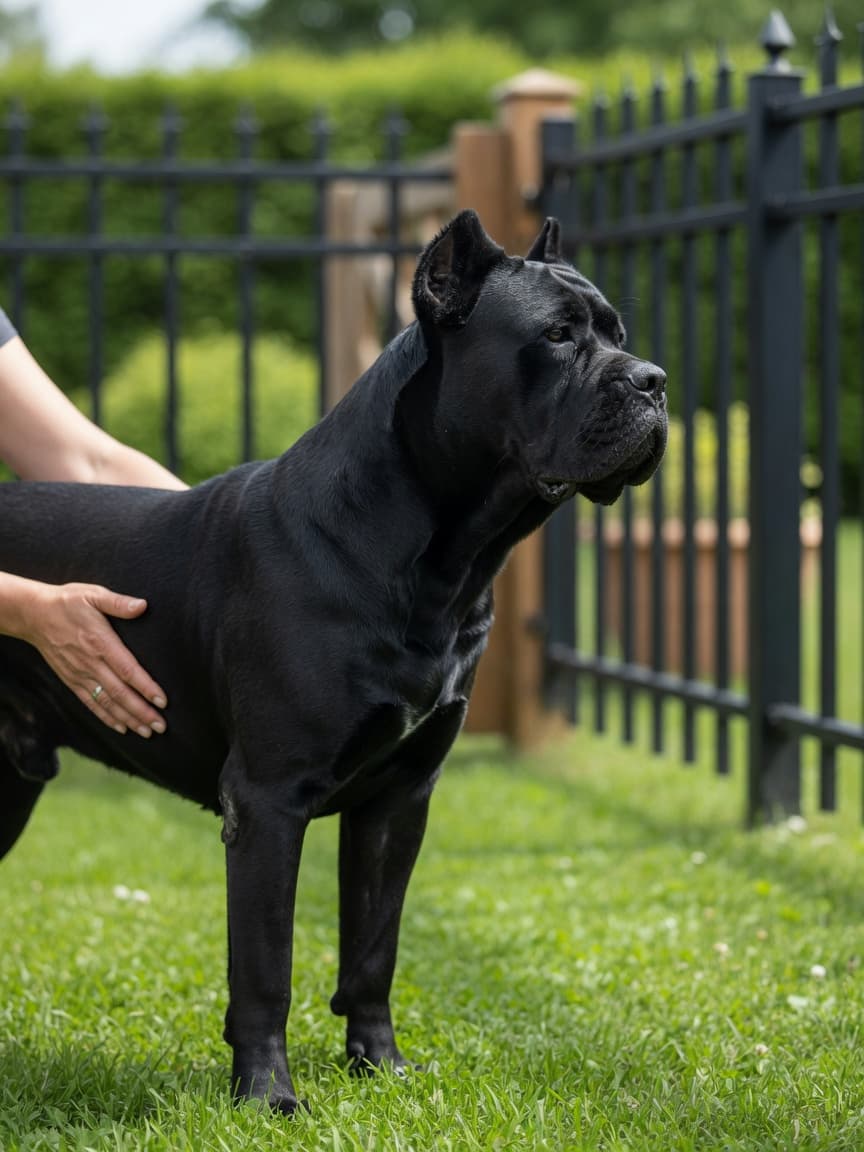A powerful Cane Corso with black coat standing alert in a secure garden, displaying the breed's watchful temperament and muscular build