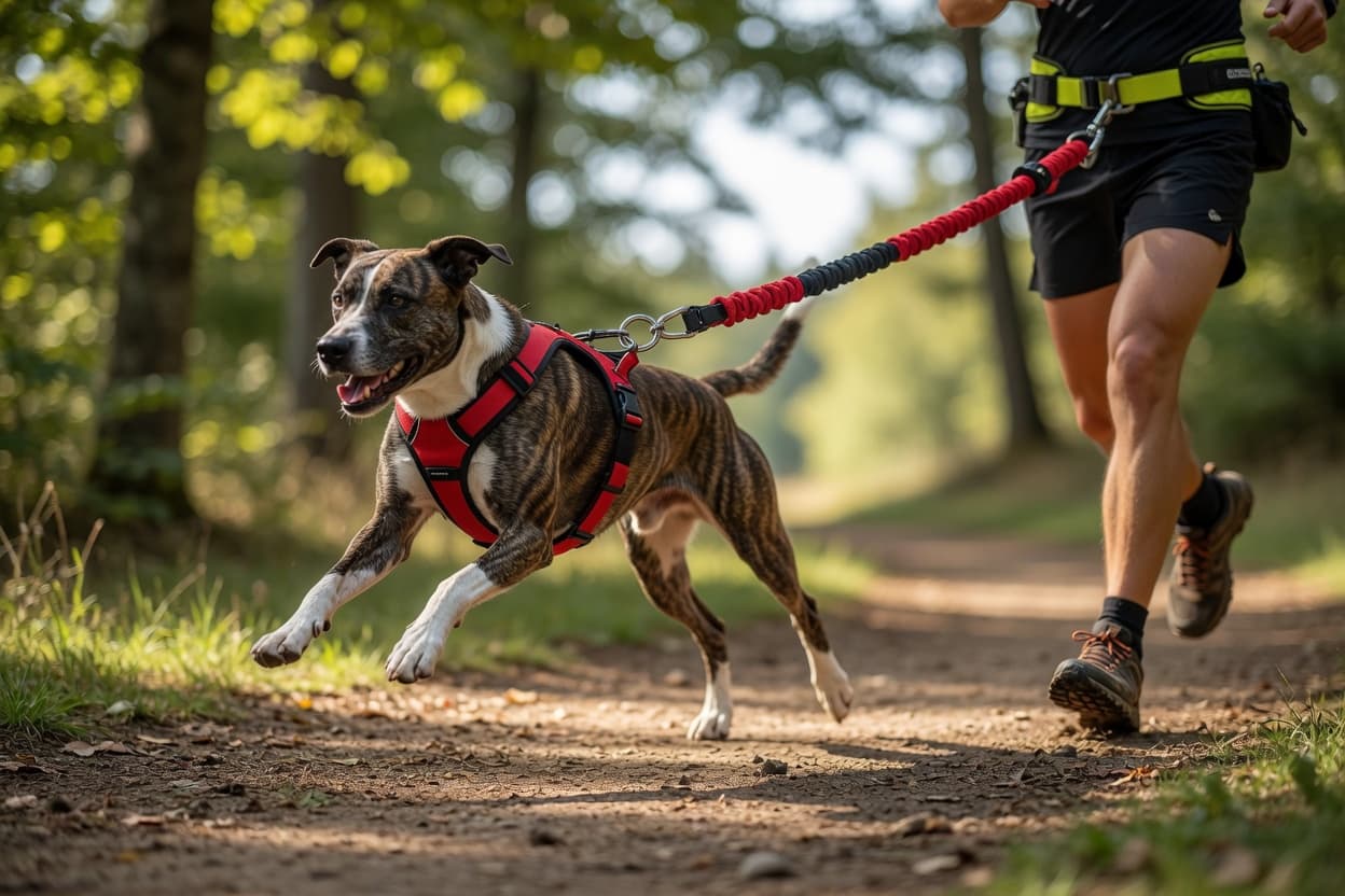 Athletic dog running on trail with handler using canicross harness and bungee line during outdoor training