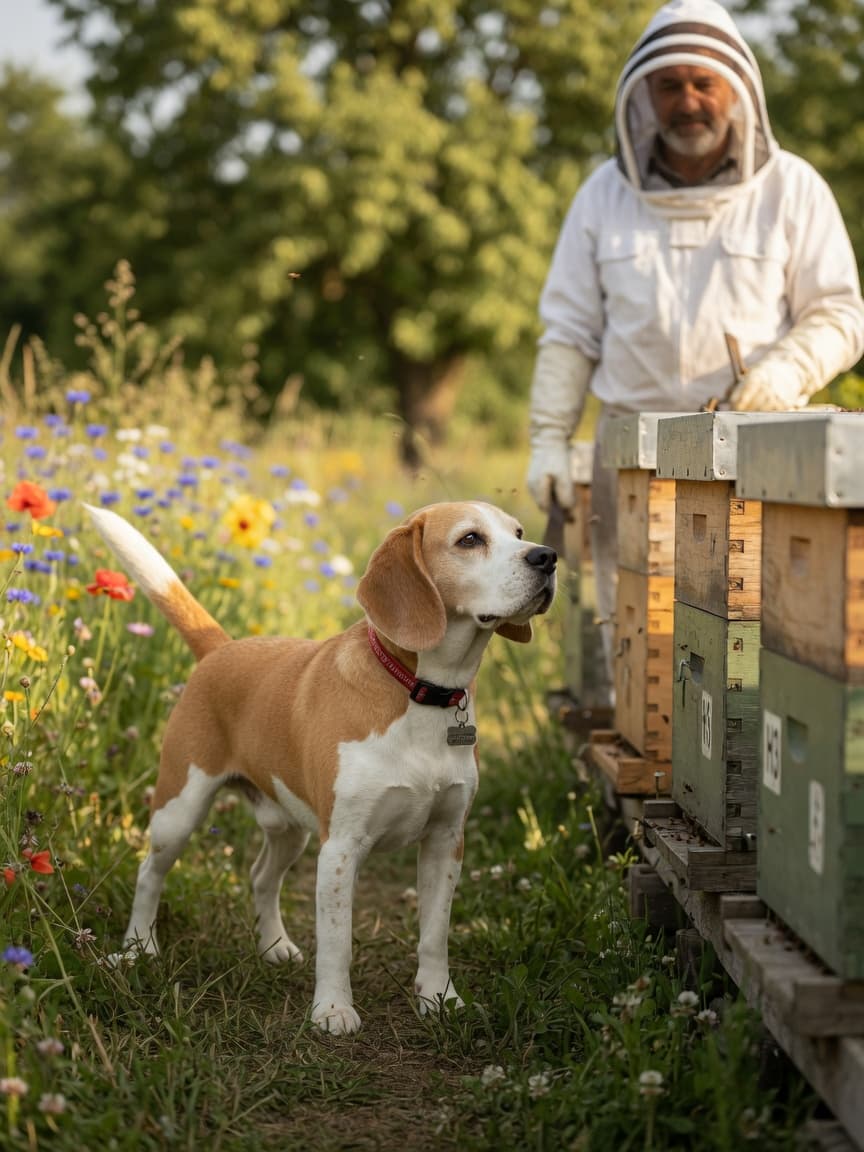 A working beagle with tan and white coat and long ears focuses intently on wooden beehive boxes during an inspection in a sunny apiary setting.