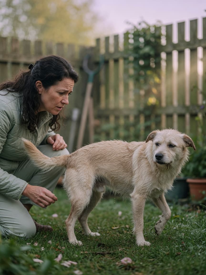 A dog straining painfully during urination in a garden while an owner watches with concern