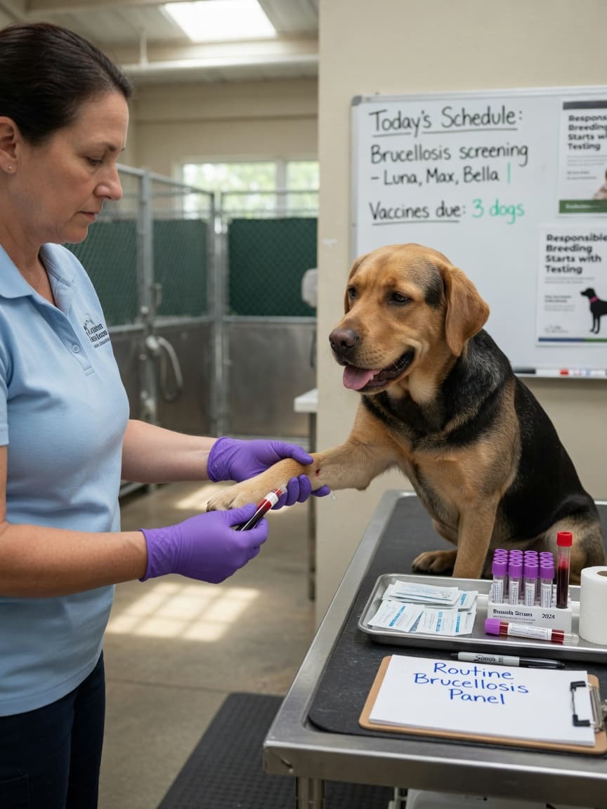 Dog breeder performing pre-breeding health screening blood test for brucellosis in a professional kennel setting