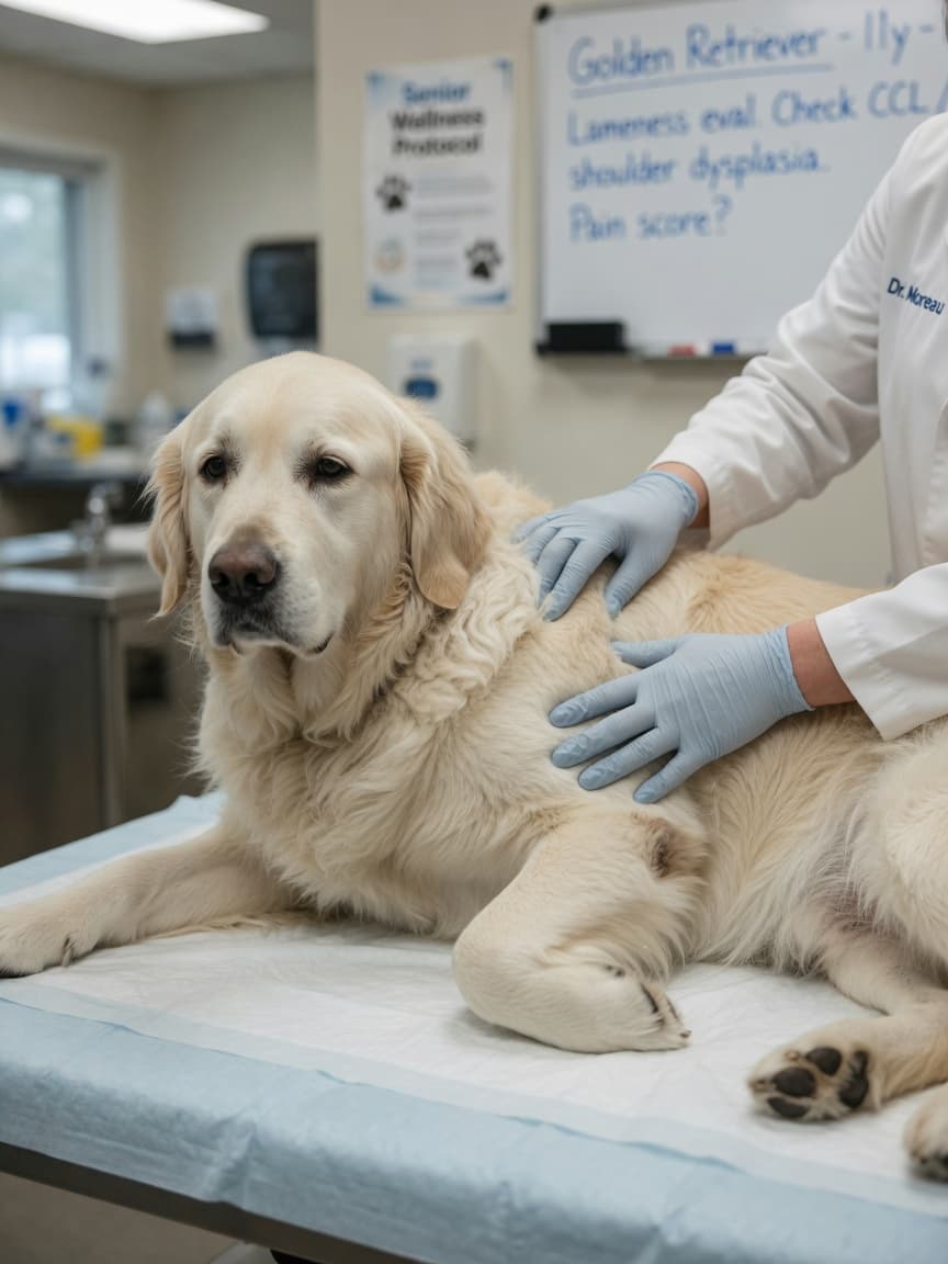 Veterinarian examining a large Golden Retriever's front leg on an examination table, assessing lameness and swelling