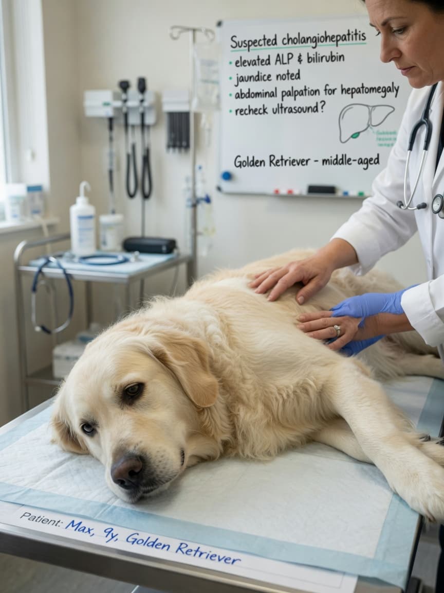 Veterinarian examining a Golden Retriever with jaundice symptoms on an examination table during a cholangiohepatitis diagnosis assessment
