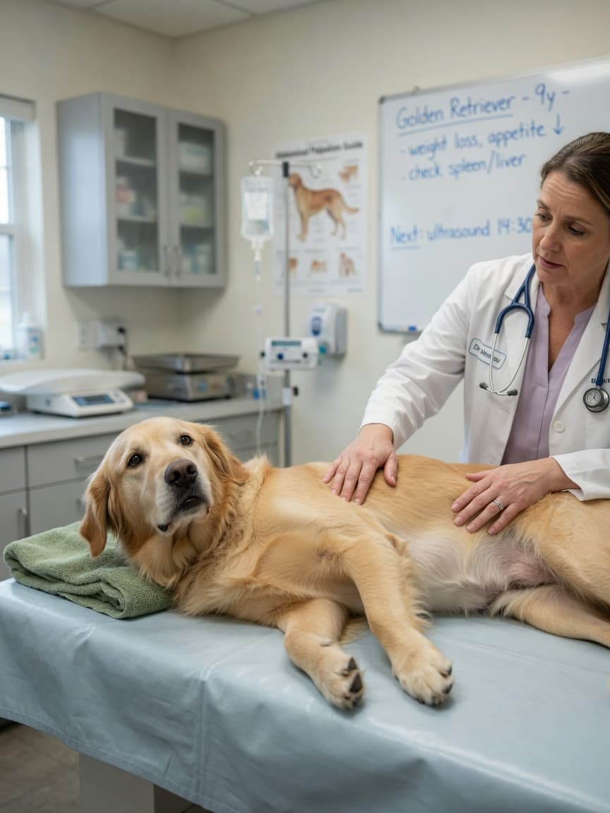 Veterinarian examining a Golden Retriever's abdomen on a clinical examination table to assess liver disease symptoms