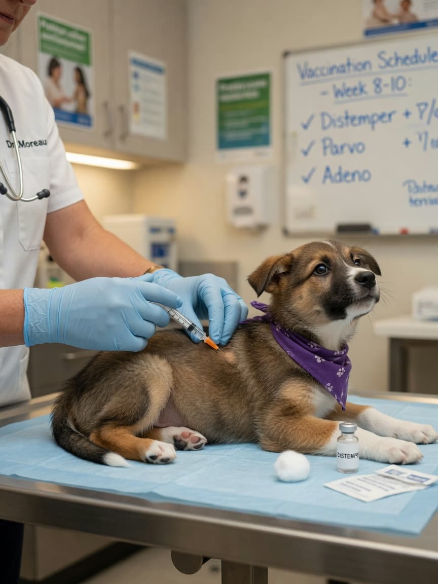 Veterinarian administering a vaccine injection to a young puppy during a routine vaccination appointment