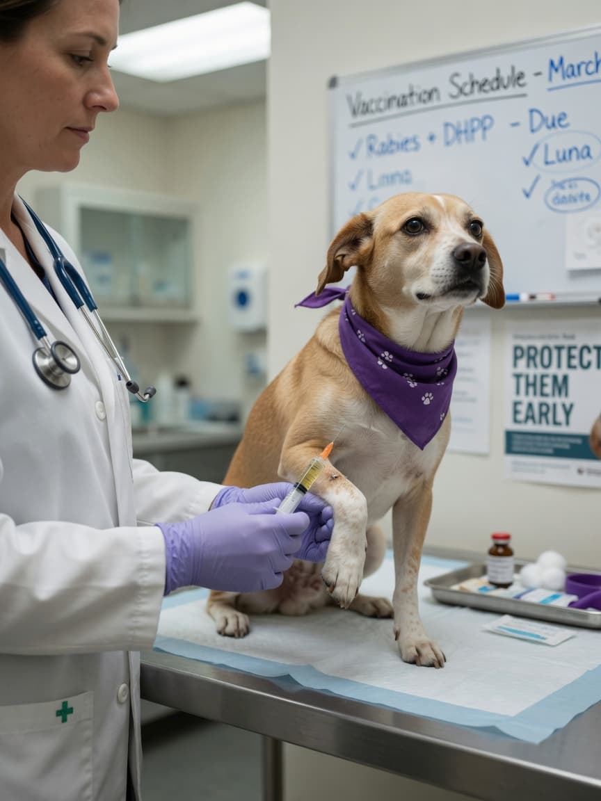 Veterinarian administering canine distemper vaccine injection to a dog on examination table