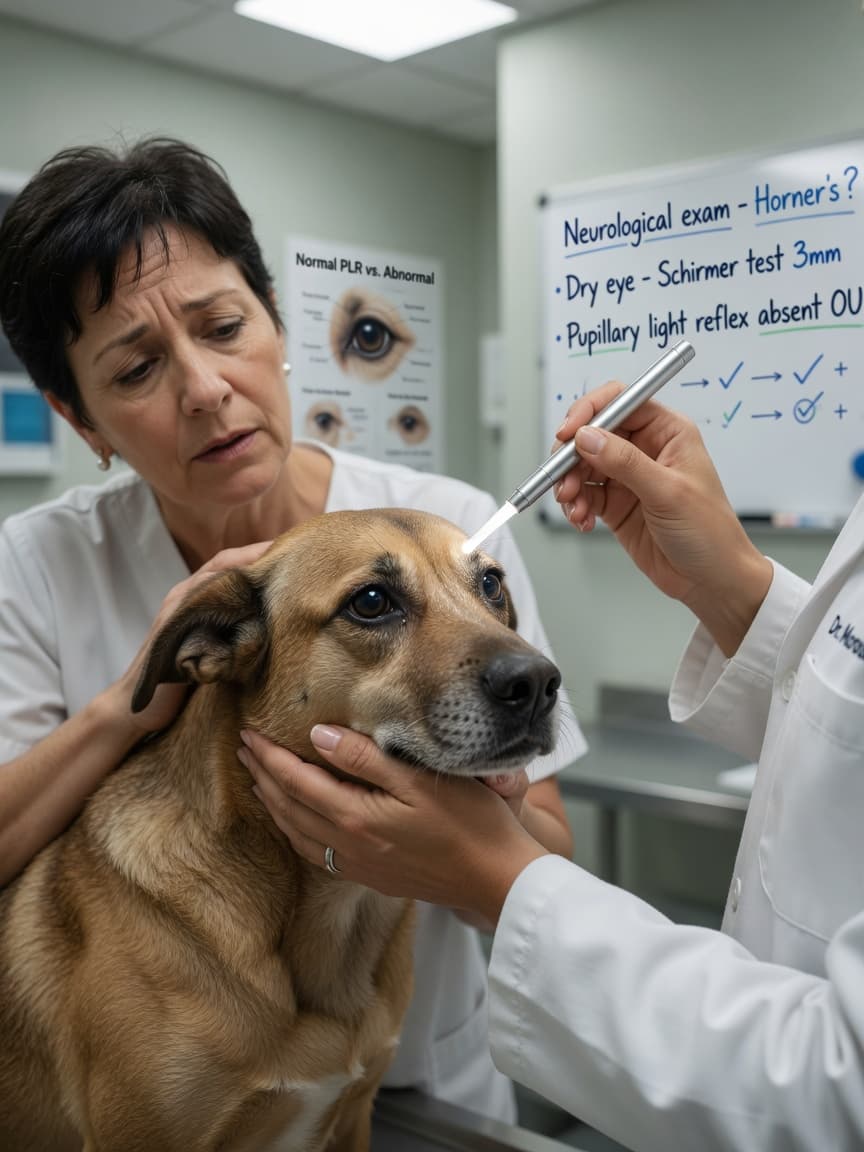 Veterinarian performing pupil reflex test on a lethargic dog with dilated pupils while owner watches closely in clinic