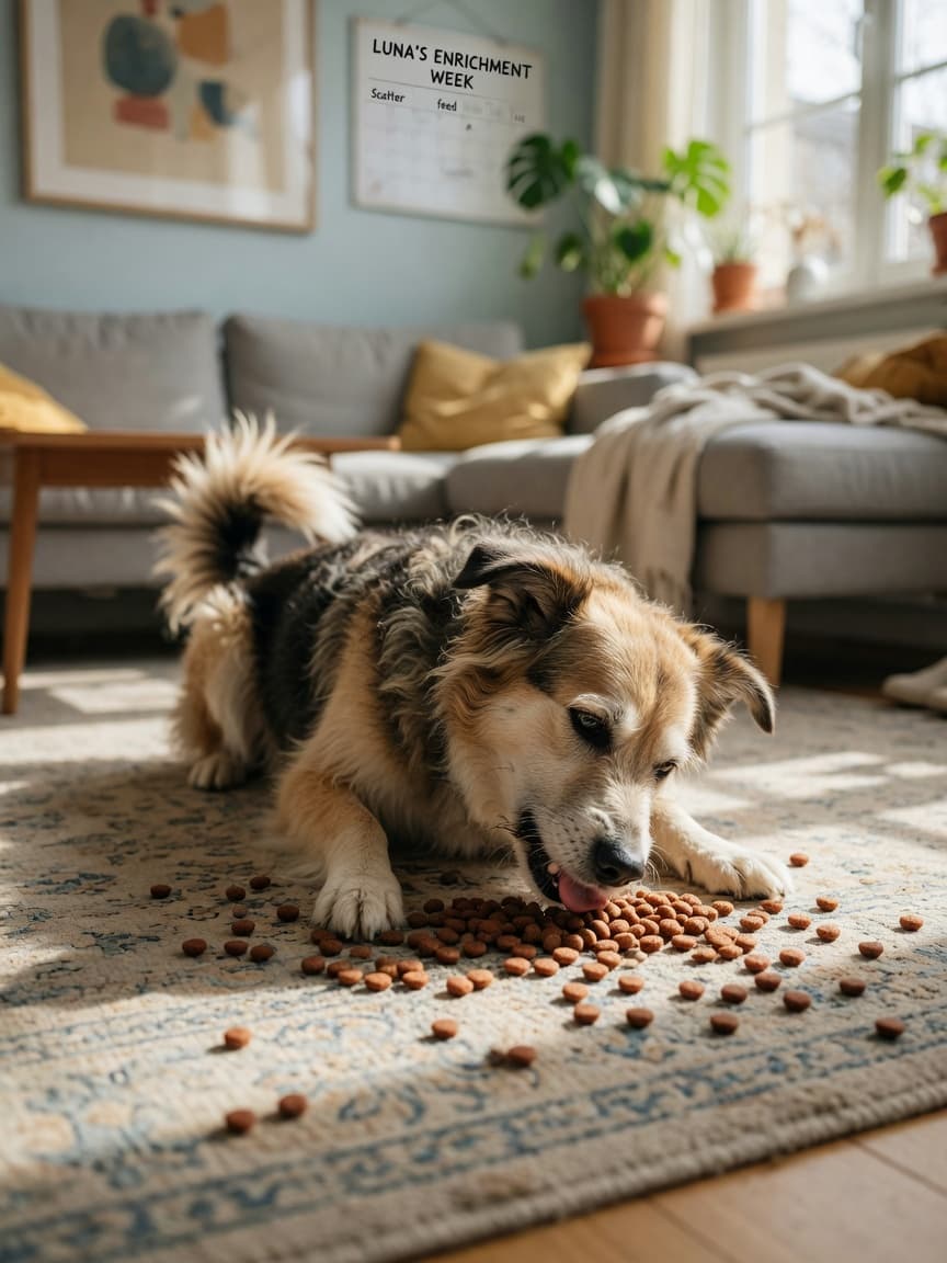 Dog enjoying scatter feeding enrichment with kibble spread across living room floor