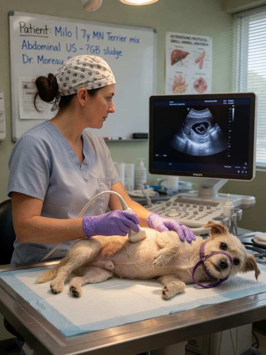 Veterinarian performing abdominal ultrasound examination on a small dog to diagnose gallbladder mucocele