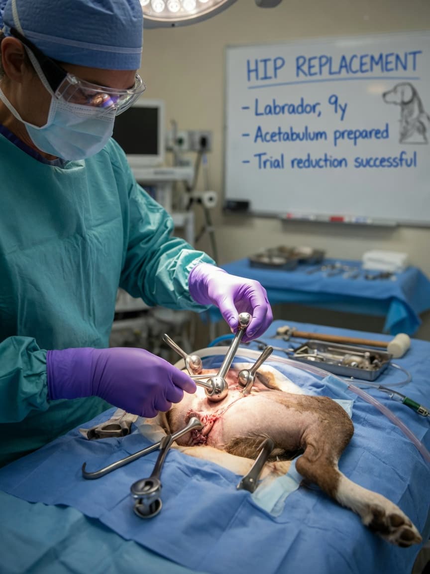 Veterinary orthopaedic surgeon performing canine total hip replacement surgery with artificial implant components visible under surgical lights