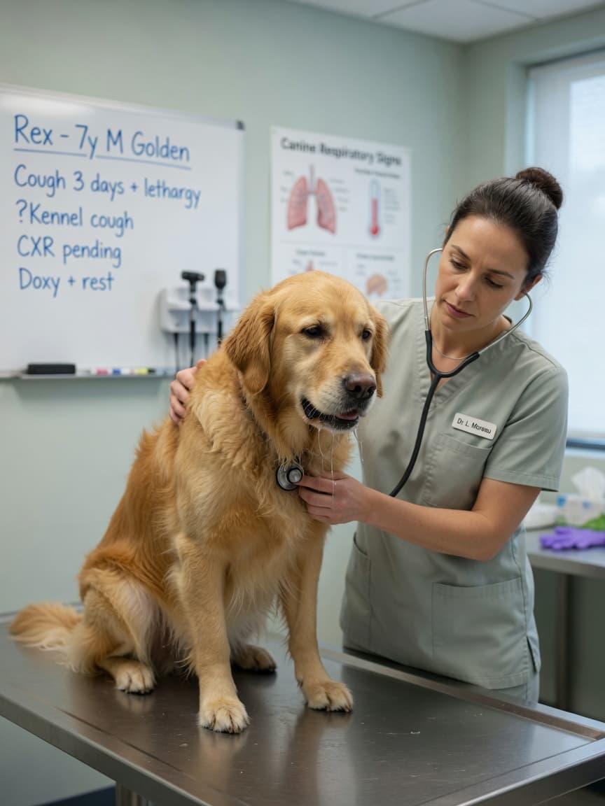 Veterinarian examining a sick golden retriever with stethoscope in clinic setting, focusing on respiratory assessment