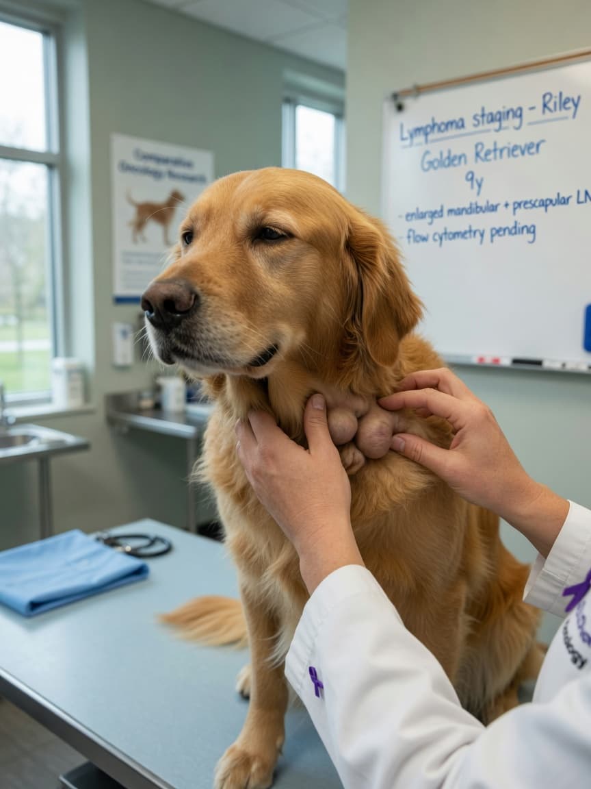 Veterinary oncologist palpating swollen lymph nodes on a golden retriever during a lymphoma diagnosis examination