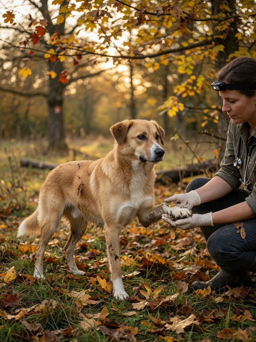 Veterinary surgeon examining a medium mixed-breed dog's paws for harvest hazards in an autumn forest setting with fallen leaves and dappled sunlight