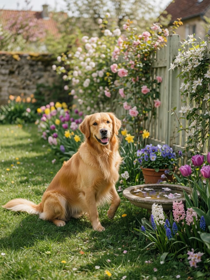A healthy golden retriever enjoying spring outdoors in a blooming garden with green grass and fresh water nearby.