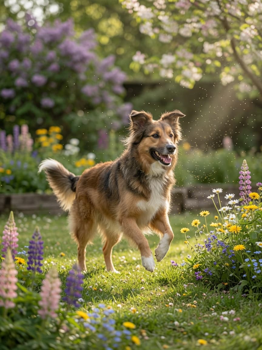 A vibrant dog enjoying spring outdoors in a blooming garden with fresh green grass and wildflowers in warm sunlight