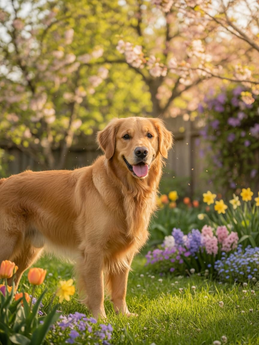 Healthy golden retriever with gleaming coat standing in vibrant spring garden with blooming flowers and fresh green foliage
