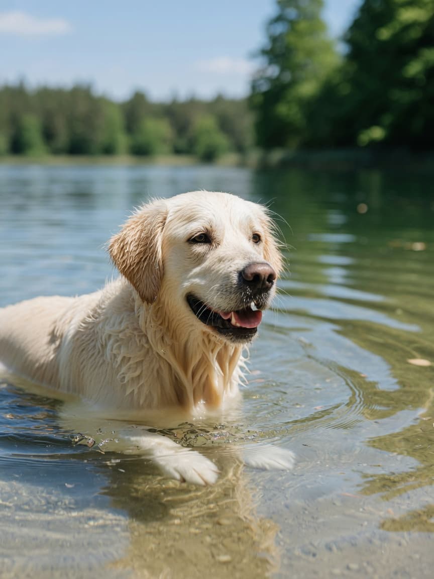 Golden retriever swimming happily in a summer lake with water droplets glistening on its cream-colored coat