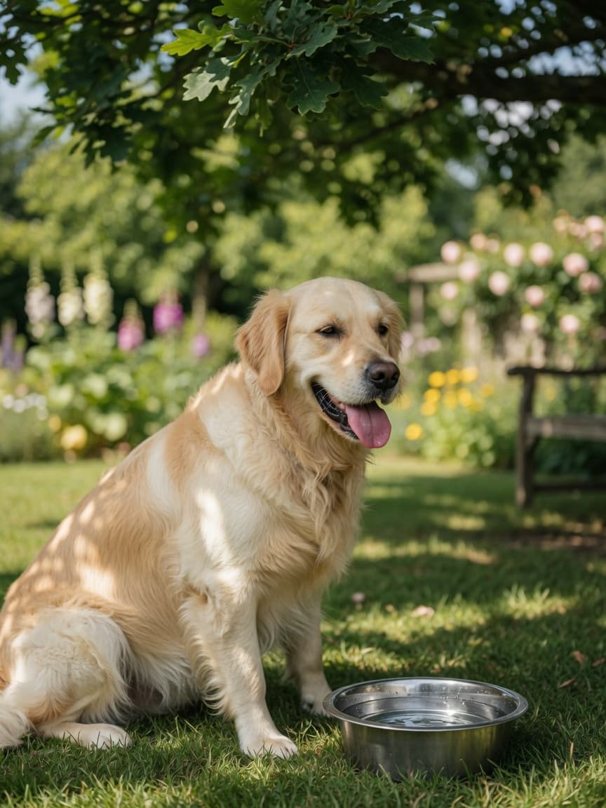 Golden retriever resting in cool shade with fresh water bowl during summer heat
