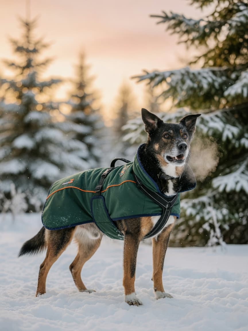 Healthy dog in winter coat standing in snowy landscape with evergreen trees, embodying winter wellness and protective care
