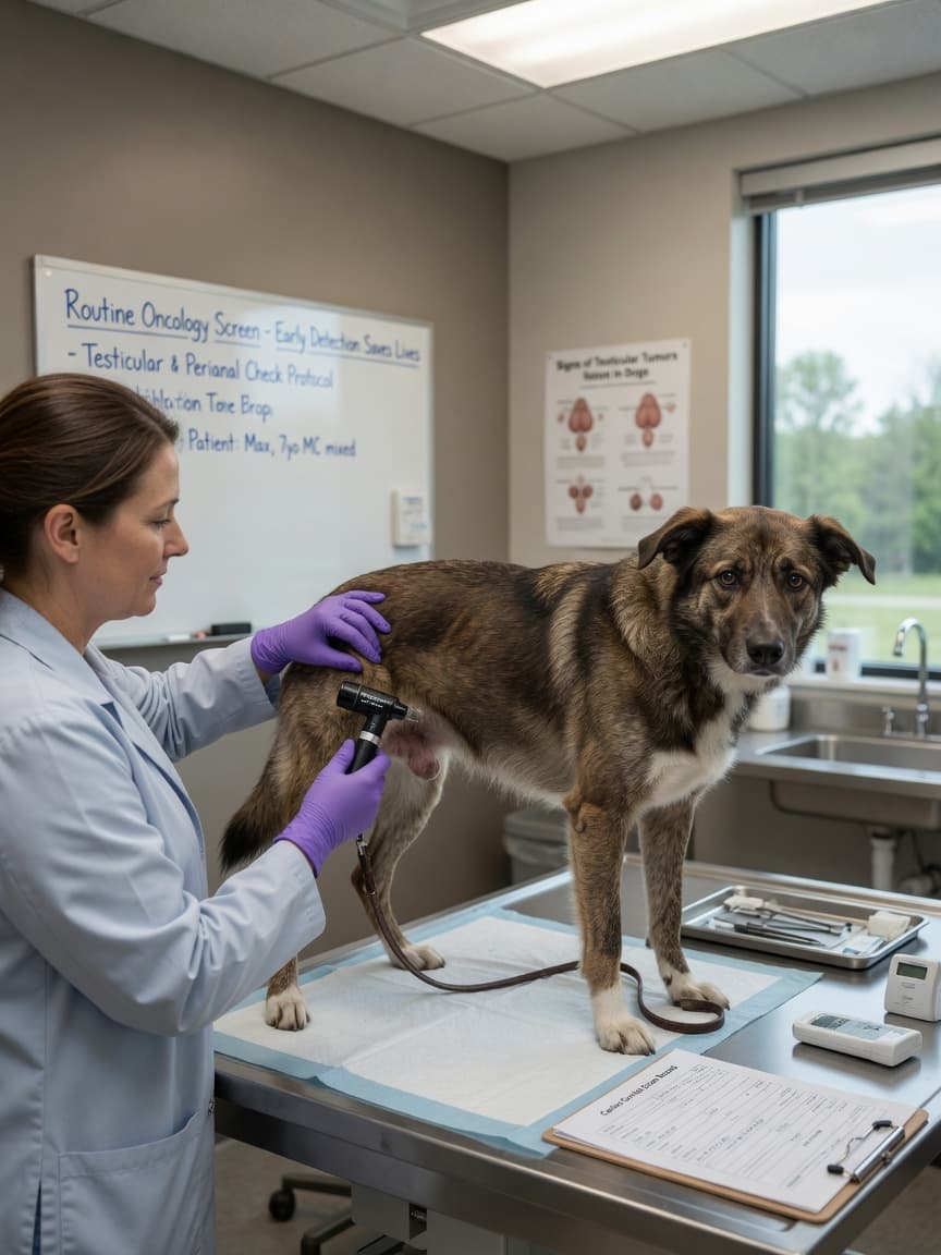 Veterinary oncologist performing a genital examination on an intact male dog during a routine health check to screen for testicular or TVT tumours