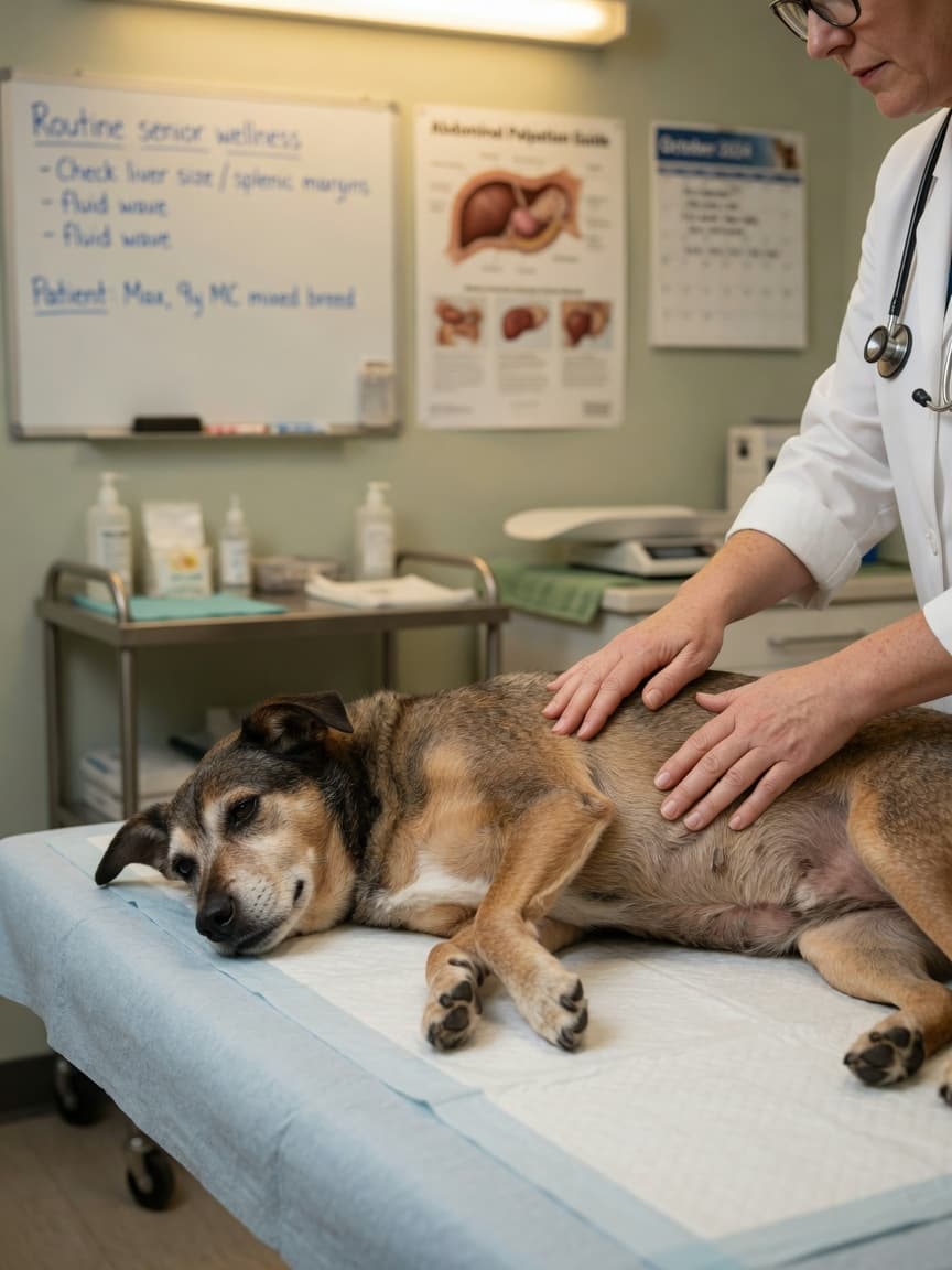 Veterinarian performing abdominal examination on a dog during liver health assessment