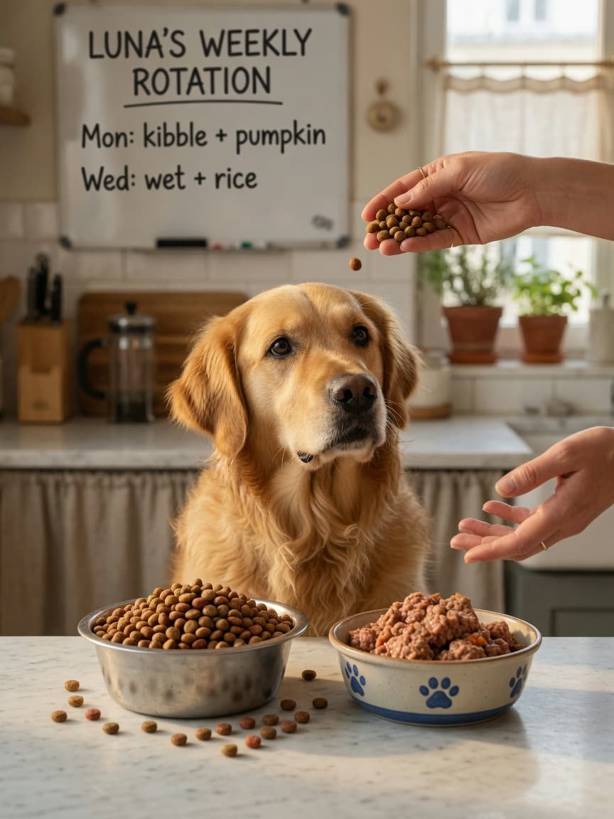A golden retriever sitting between bowls of dry kibble and canned dog food on a kitchen counter, owner's hands comparing the two food formats.