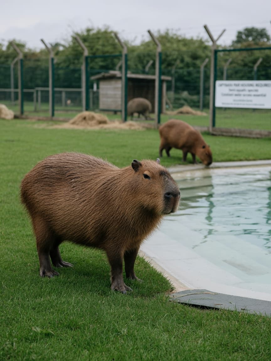 Two capybaras in an outdoor enclosure with a swimming pool and secure fencing, demonstrating proper housing with both water and land access