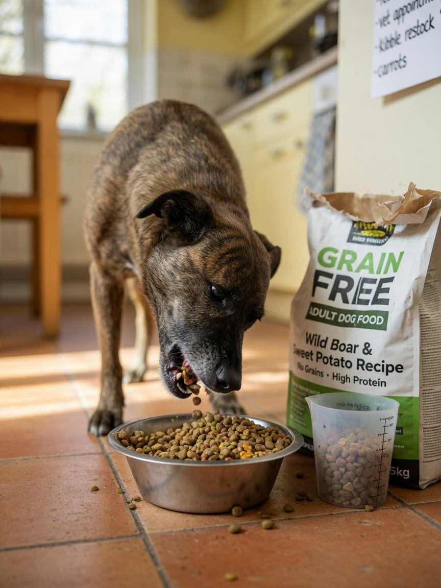 Dog eating kibble from a bowl with grain-free dog food packaging visible in the background