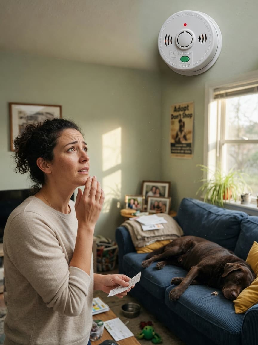 Concerned pet owner examining a carbon monoxide detector on their home wall with a lethargic dog visible on a couch in the background
