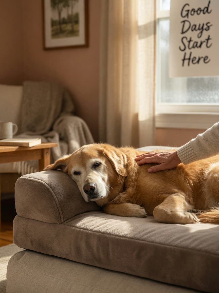 Senior dog resting peacefully on an orthopedic bed with owner's hand gently on its shoulder, warm window light creating a calm, supportive home environment