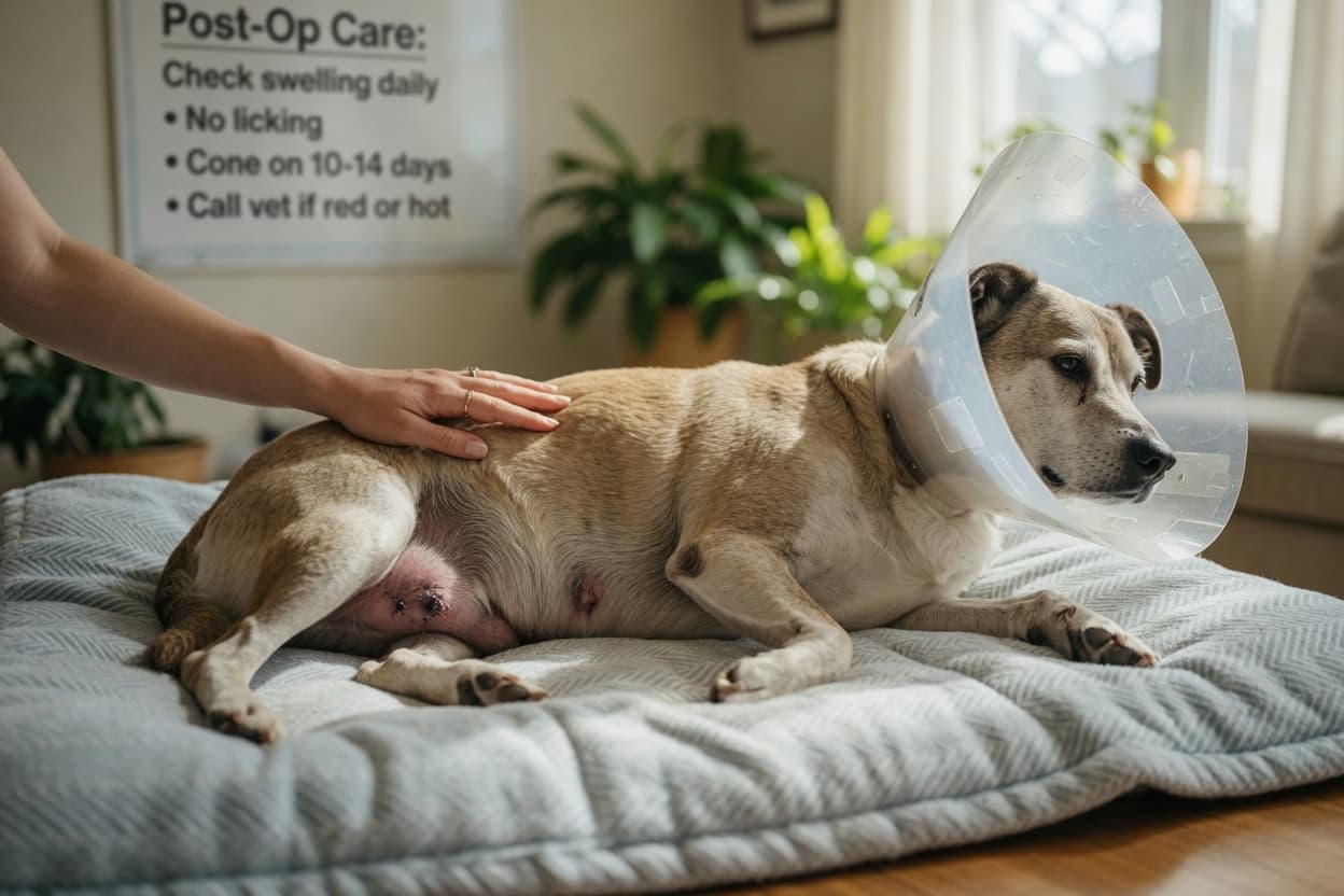 Male dog in Elizabethan collar resting on soft blanket during post-castration recovery, with owner's hand providing comfort