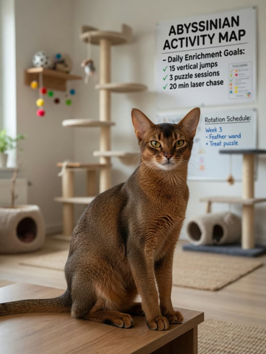 An Abyssinian cat with warm reddish-brown ticked coat and alert amber eyes in an enriched home environment