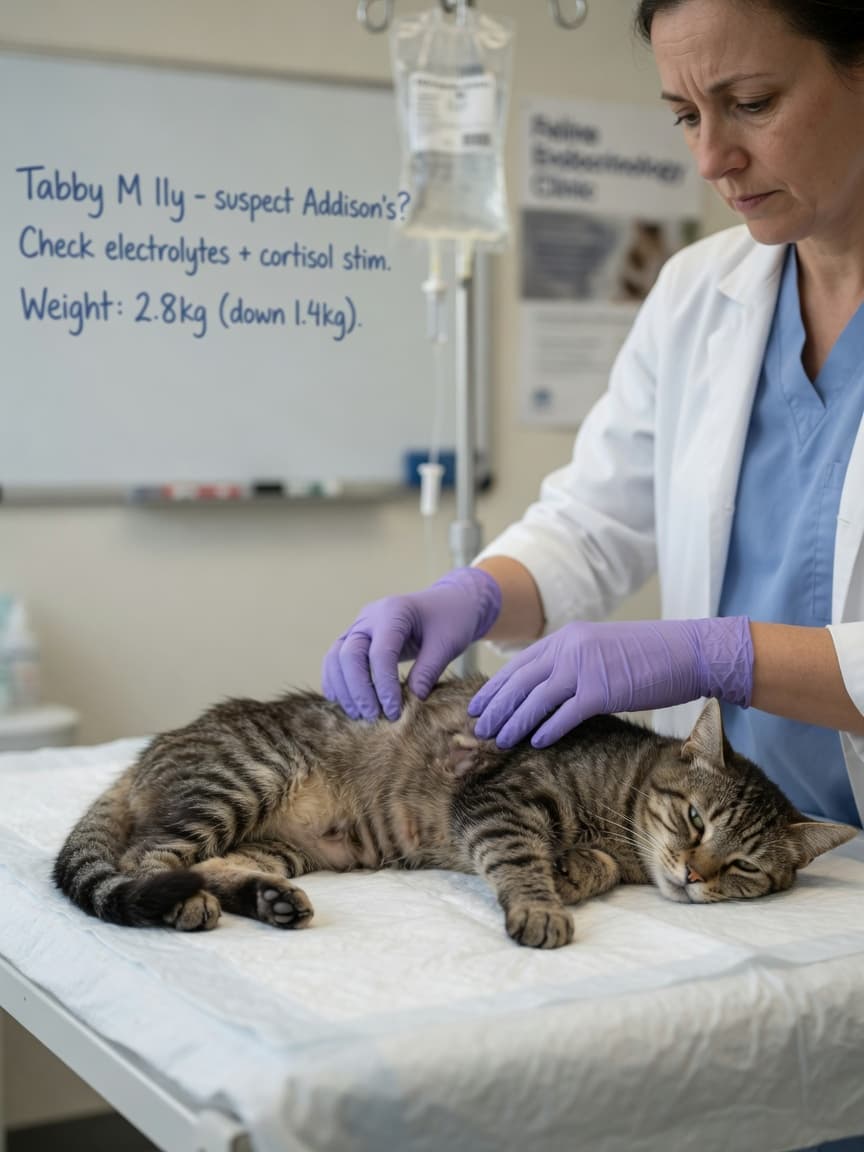 Veterinarian examining a weak, lethargic tabby cat on examination table during Addison's disease diagnosis