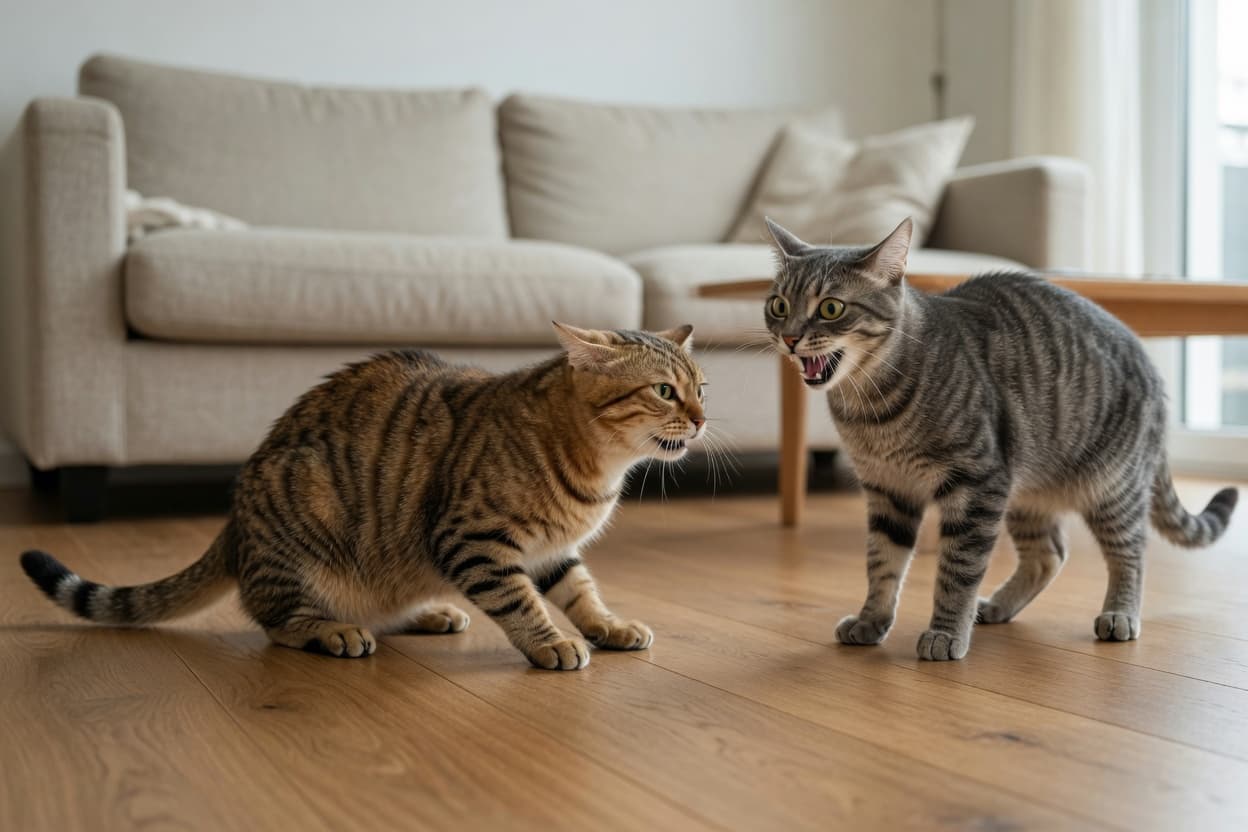 Two cats in aggressive standoff with flattened ears and hissing, showing inter-cat tension in a modern living room