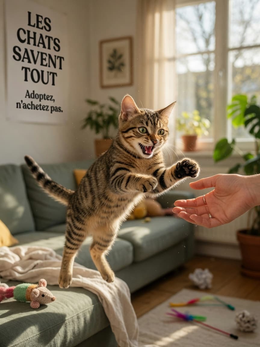 Young tabby cat with green eyes pouncing on a human hand in playful aggression during indoor playtime