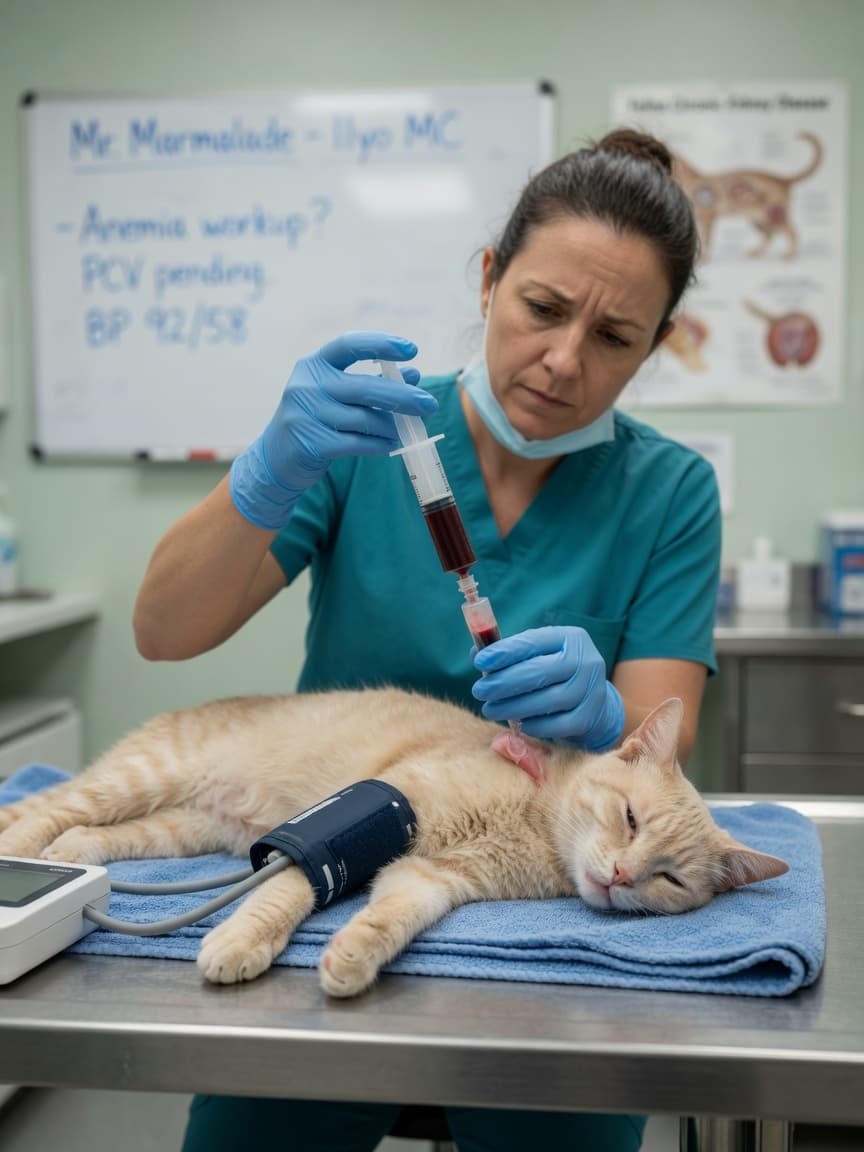 Veterinarian collecting blood sample from pale anaemic ginger tabby cat on examination table with visible pale gums
