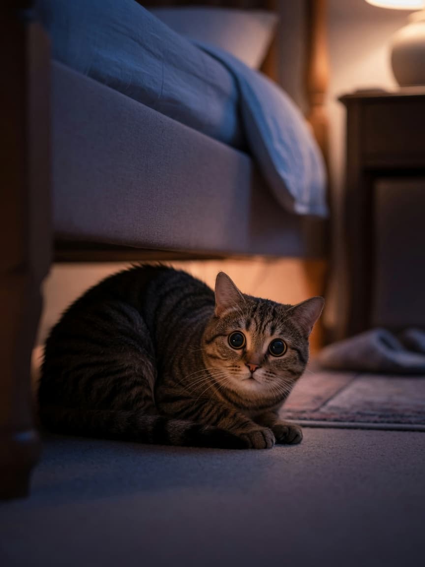 Anxious tabby cat hiding under a bed in shadows, showing signs of anxiety with flattened ears and dilated pupils