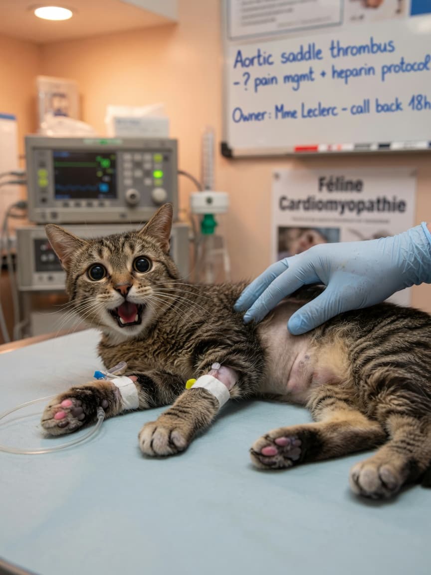 Cat with paralysed hind legs and pale paws being examined by a veterinarian at an emergency clinic, showing signs of aortic thromboembolism