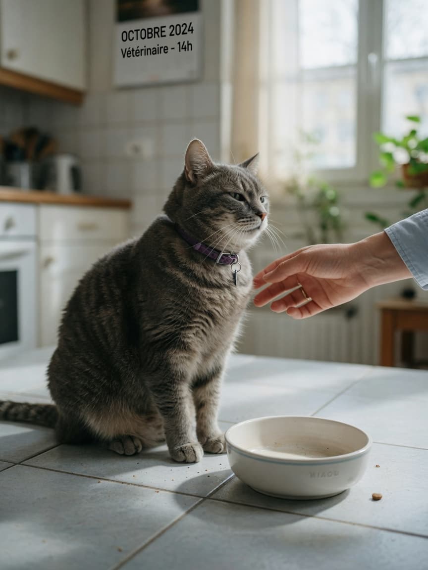 Grey tabby cat refusing food from empty bowl while owner reaches out with concern
