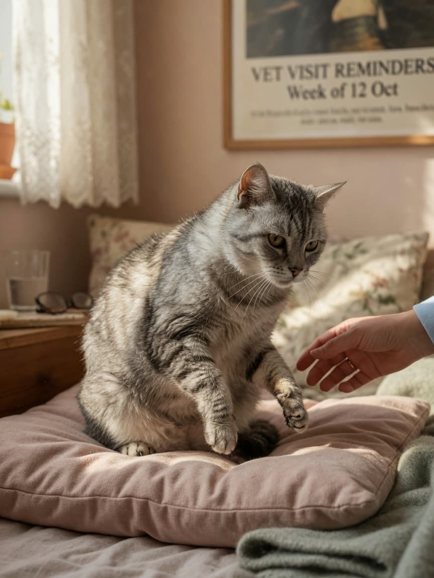 Senior tabby cat on cushioned bed showing stiffness, with owner's hand gently approaching, demonstrating reluctance to touch due to arthritis pain